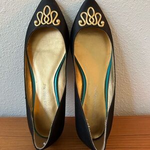 Embellished Black Satin Pointes Ballet Flats with Gold Hardware